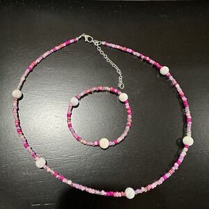 Pink Seed Bead And Pearl Necklace Bracelet Set Handmade‎